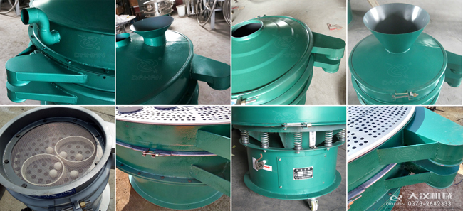 碳鋼振動篩進(jìn)料口，出料口，篩框，篩網(wǎng)，彈跳球等細(xì)節(jié)展示