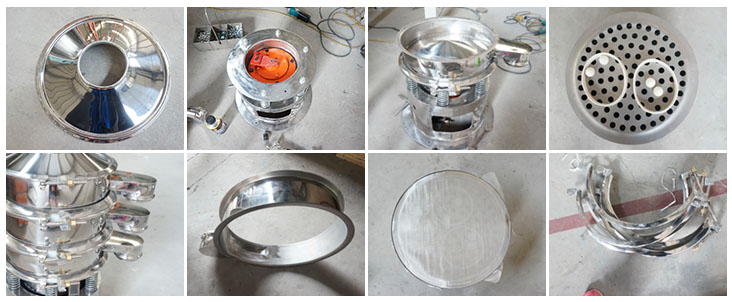 不銹鋼振動(dòng)篩結(jié)構(gòu)展示：防塵蓋，出料口，閘門，篩網(wǎng)于彈跳球，底座，振動(dòng)彈簧等。