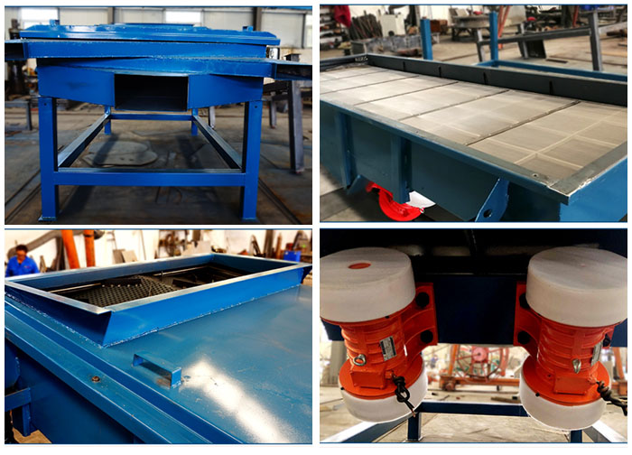 方形振動(dòng)篩出料口，篩網(wǎng)和網(wǎng)架，進(jìn)料口，振動(dòng)電機(jī)等細(xì)節(jié)展示。