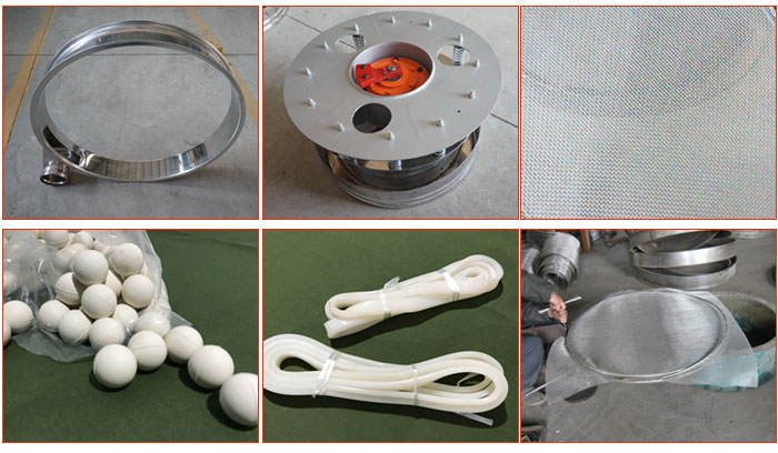 800型全不銹鋼振動篩配件有：振動篩篩框，電機，不銹鋼篩網等。