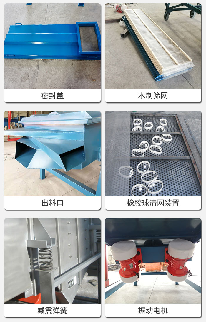 直線篩結(jié)構(gòu)展示：篩網(wǎng)，篩箱，振動(dòng)電機(jī)，振動(dòng)電機(jī)座，減震彈簧，支架等部件展示圖