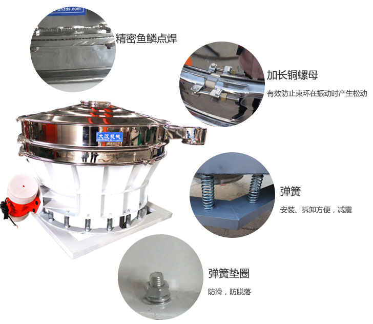 1500直排篩細(xì)節(jié)展示：彈簧，彈簧墊圈，加長銅螺母。