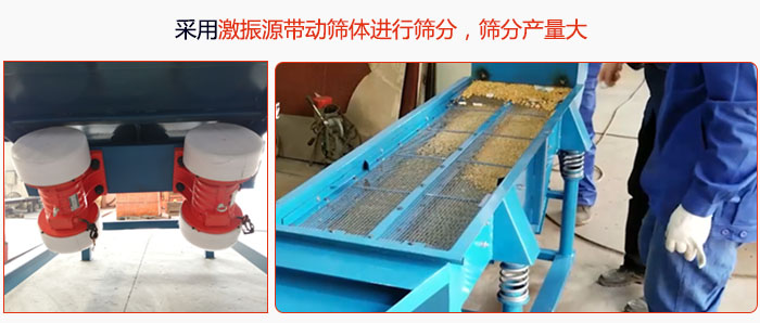 采用激振源帶動篩體進(jìn)行篩分，篩分產(chǎn)量大。