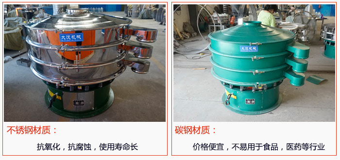 800型振動篩有不銹鋼和碳鋼兩種材質(zhì)，不銹鋼材質(zhì)：抗氧化，抗腐蝕，使用壽命長 碳鋼材質(zhì)：價格便宜，不易篩分食品，化工，醫(yī)藥等行業(yè)的物料。