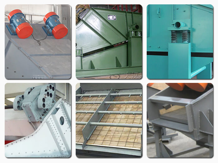 礦用振動篩主要由激振器、篩體、篩網(wǎng)、減振裝置及座架等組成。篩箱由篩框、篩板、襯板等組成