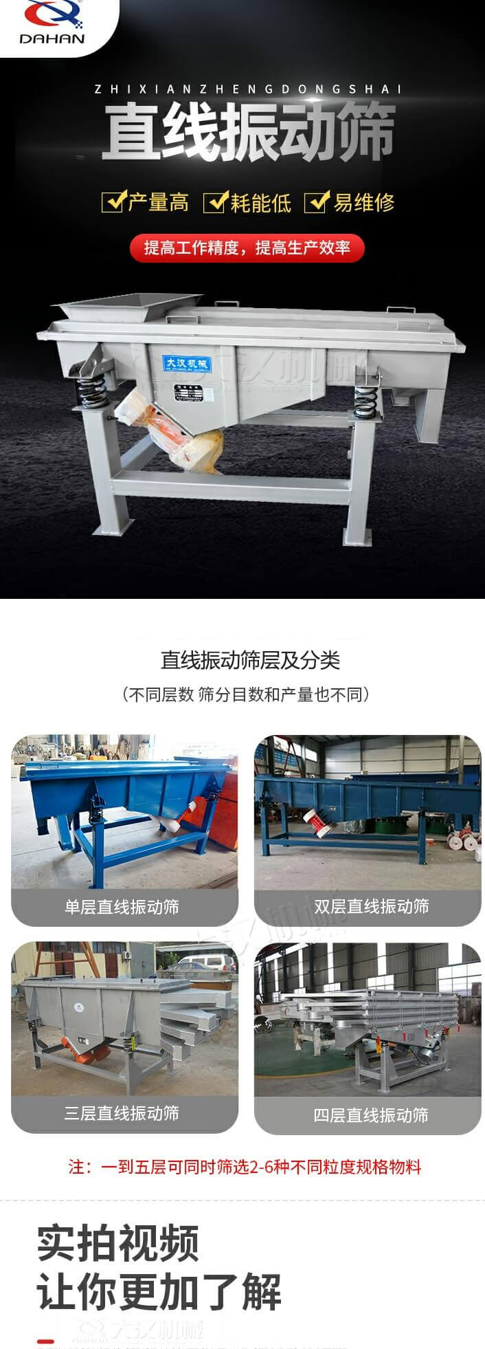 直線振動篩概述，產(chǎn)量高，耗能低，易維修，提高工作精度，提高生產(chǎn)效率，直線振動篩層級分類：不同層數(shù)，篩分目數(shù)和產(chǎn)量也不同：單層，雙層，三層，四層等。
