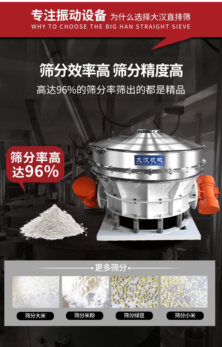 直排篩適用物料有面粉，淀粉，洗衣粉，金屬粉，添加劑，化工，非礦等行業(yè)。